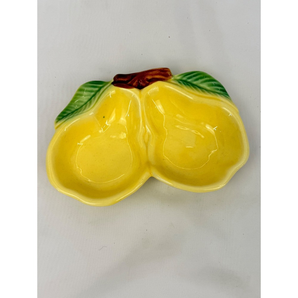 Vintage Ceramic Double Pear Serving Dish Yellow Fruit Figural Trinket Nut Bowl